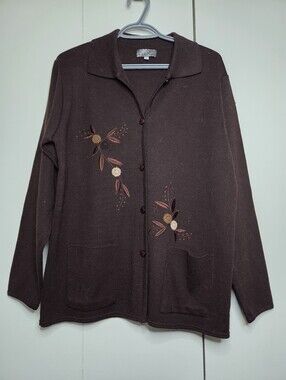 Concept Women's L Brown Button Cardigan with Floral Embroidering